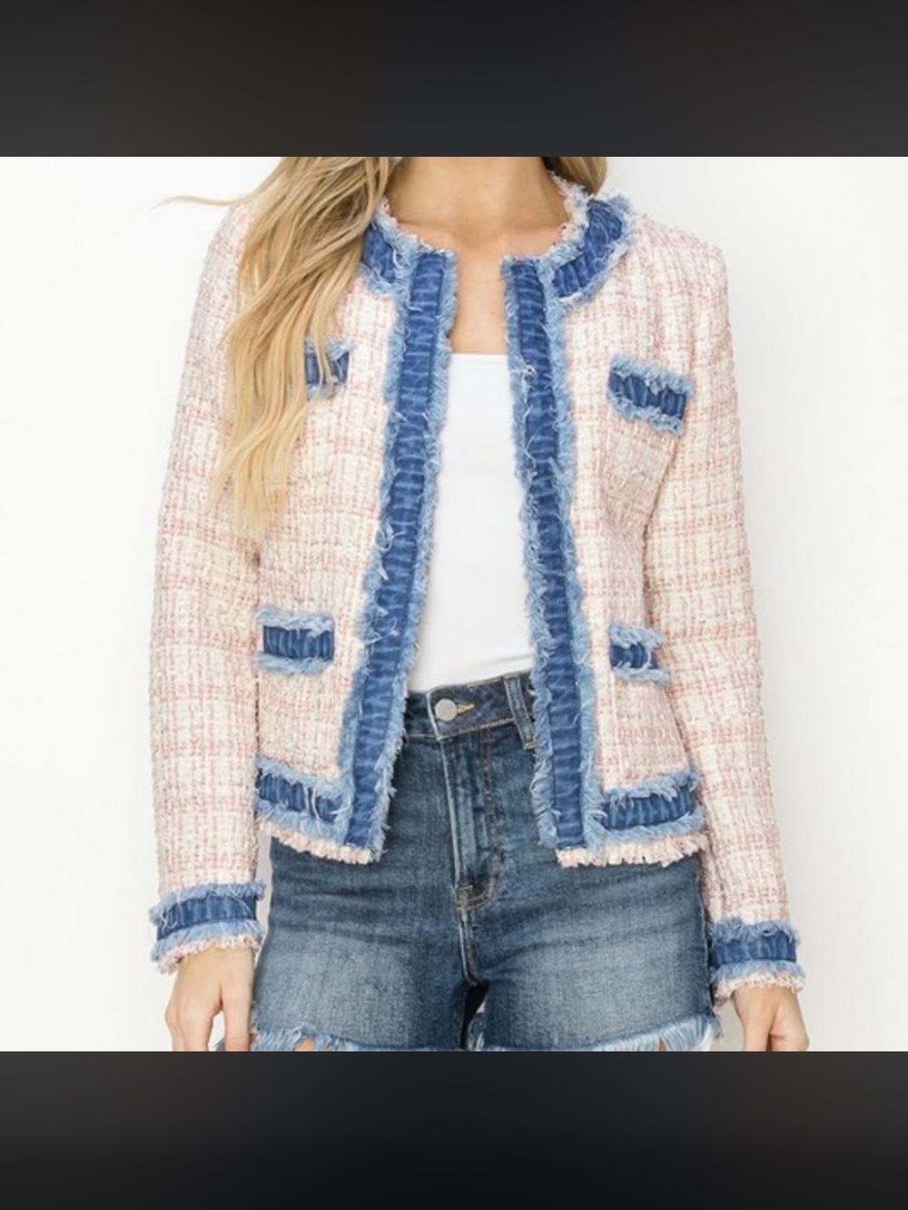 Frayed Trim Tweed Blazer Jacket in Pink and Blue Small(fits like an XS) NWT